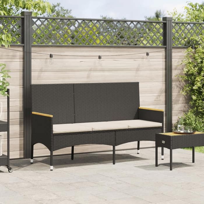 Noir SWEETY Banc de jardin - 3 PLACES - avec coussins noir résine tressée 140x54x85cm - Banquette balcon CL92039437508
