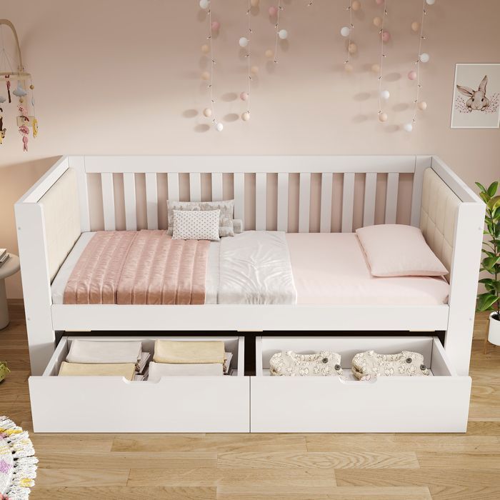 Lit enfant 90x190cm lit simple avec 2 tiroirs bois massif méridienne avec accoudoirs ronds Sommier à Lattes sans matelas blanc