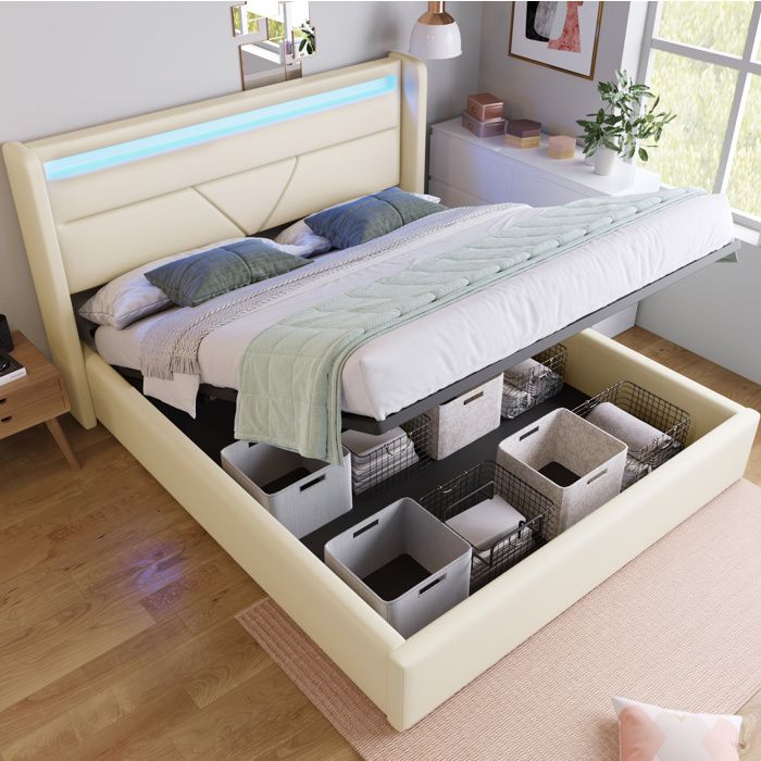 ULEVR lit coffre hydraulique 140x200 cm en PU blanc avec LED tête de lit et télécommande