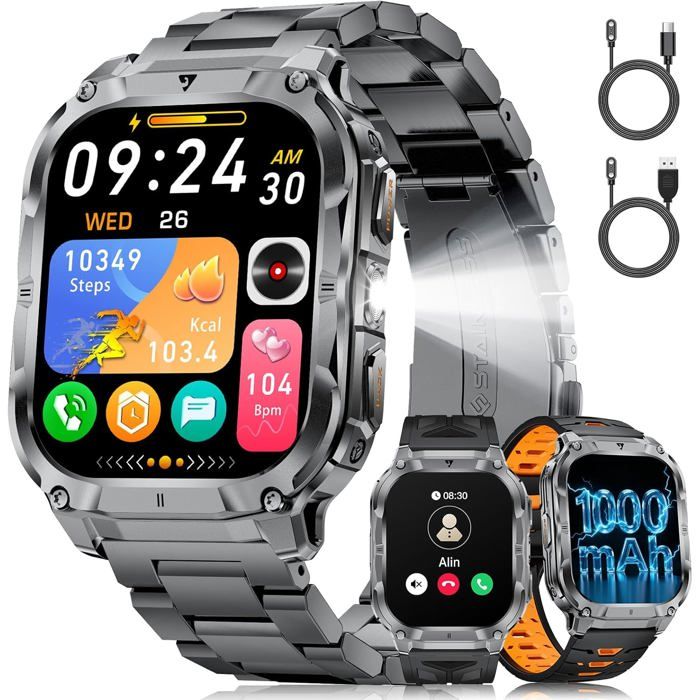 Militaire Montre Connectée Homme Appel Bluetooth 2.0HD Grand Écran Smartwatch avec Torche LED/Batterie 1000mAh Noir-orange