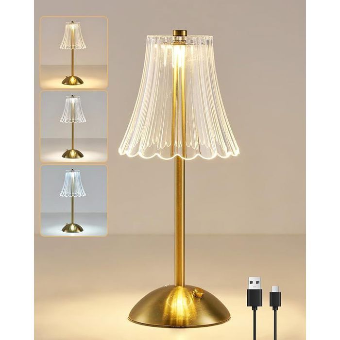 Lampe de table LED rechargeable à piles 3 couleurs et intensité variable lampe de chevet et de lecture finition or poli lampes
