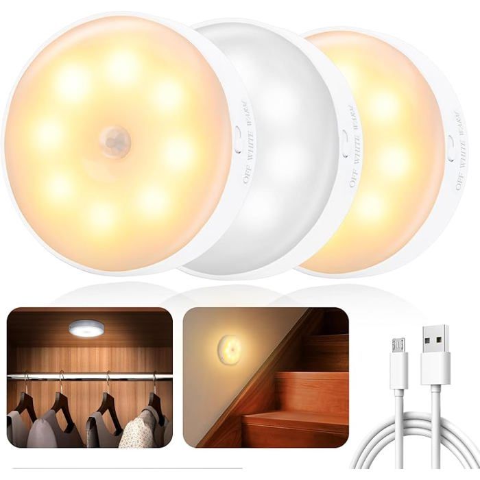 3 Pièces Lampe Détecteur de Mouvement Interieur Lampe Led Sans Fil 3 Pièces Veilleuse LED Rechargeabl VEILLEUSE HORS PUERICULTURE