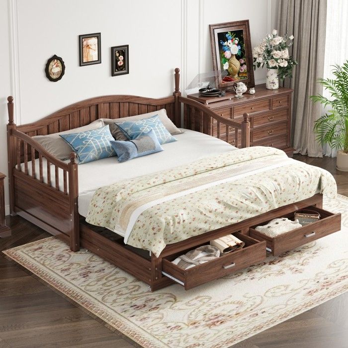 Canapé‑lit convertible - PAGE Living - 90→180x190 - Bois massif noyer - 2 tiroirs de rangement