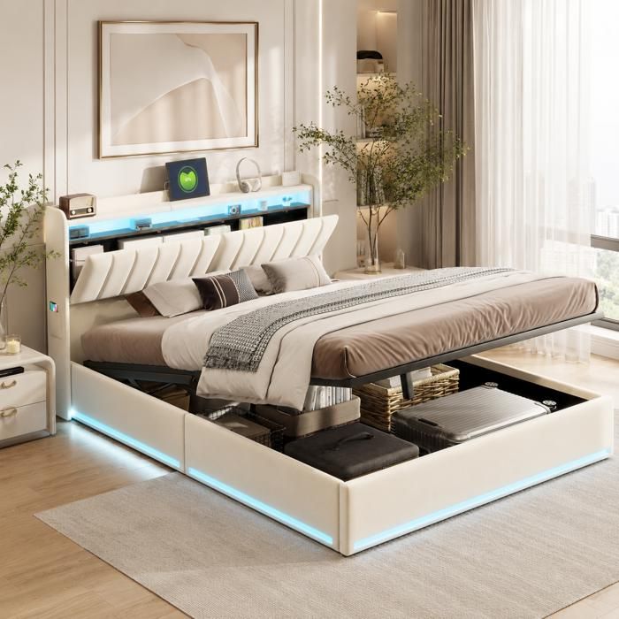 Lit 160x200 cm en velours avec rangement hydraulique Lit Double Rembourré Lit Coffre avec Sommier Velours Beige
