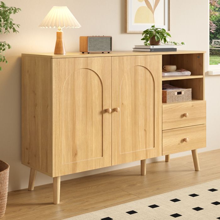 Buffet 2 portes 2 tiroirs finition couleur bois charnières silencieuses pieds en bois salon/salle à manger/couloir MDF blanc