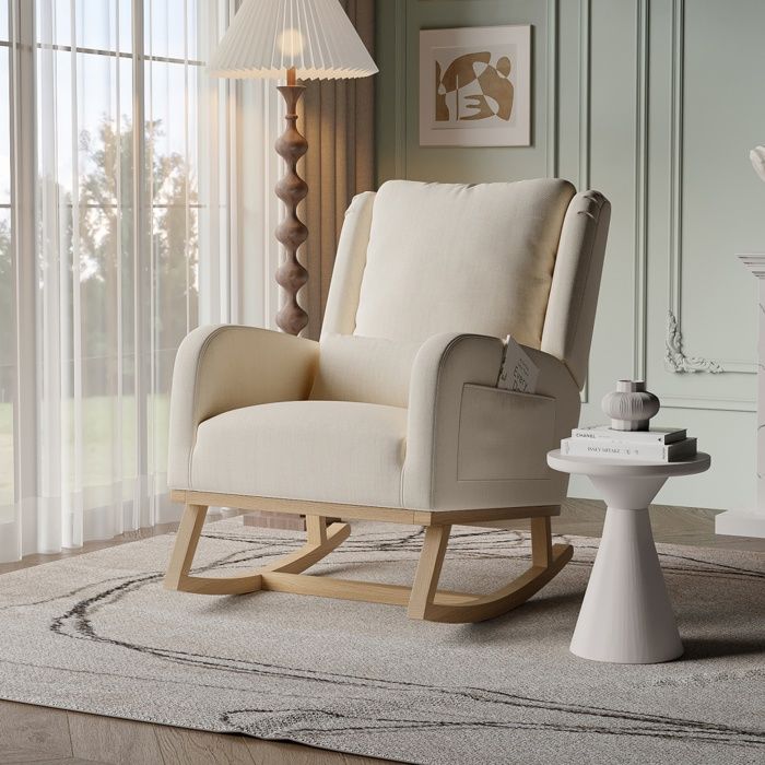 Fauteuil à bascule lin beige moderne dossier haut confortable soutien lombaire et poches latérales pour salon chambre et balcon