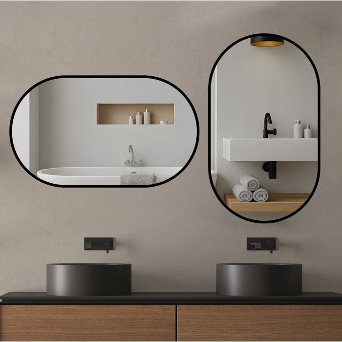 Miroir salle de bain ovale 50x80 cm a suspendre en verre de securite anti-eclats cadre metal argent ORVRYN