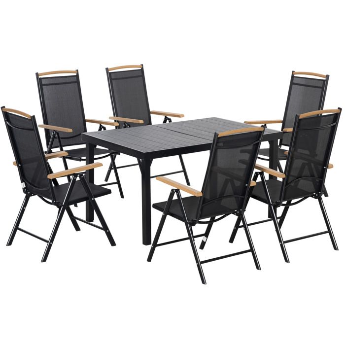 Ensemble de jardin 1 table rectangulaire 140 x 90 cm et 6 chaises pliantes aluminium noir 6 personnes