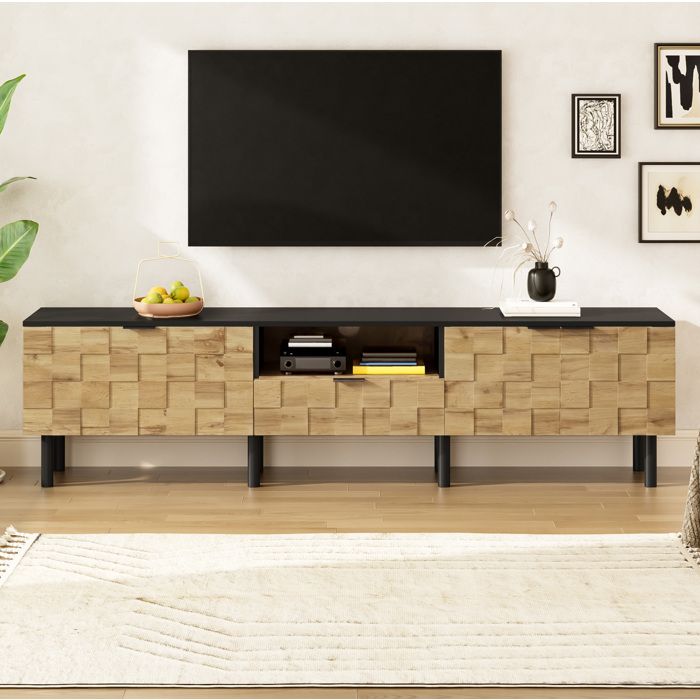 Meuble TV 170 cm Aspect Bois Naturel Banc TV Design FloraGrace Pour Salon Avec Passe-Cables 170x35x445cm