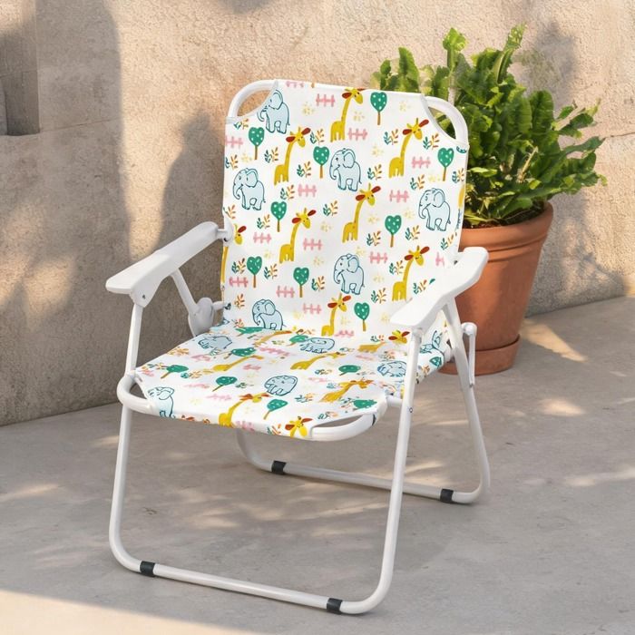 Ensemble salon de jardin enfant blanc en polyester table ronde 2 chaises pliantes et parasol réglable Ø 100 cm motif éléphant