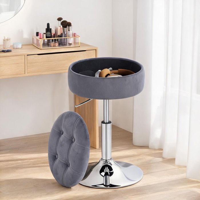 Tabouret de coiffeuse pivotant en velours avec rangement caché hauteur réglable 49-65 cm design capitonné