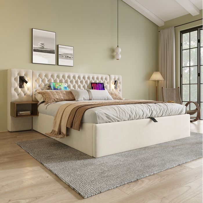 Lit double 160 x 200 cm en velours beige avec coffre hydraulique 2 chevets intégrés liseuses et ports USB Type-C