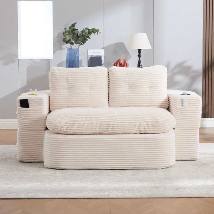 WOVREO Fauteuil convertible 2-en-1 en corduroy beige dossier haut assise extra profonde 2 porte-gobelets