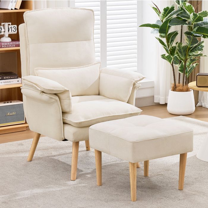 Fauteuil relax avec repose-pieds dossier inclinable 5 positions tissu lin beige bois massif 1 place JOINERY