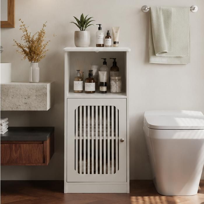 Modenuit Meuble bas de salle de bain blanc porte à lamelles niche ouverte étagères 36 x 30 x 86 cm