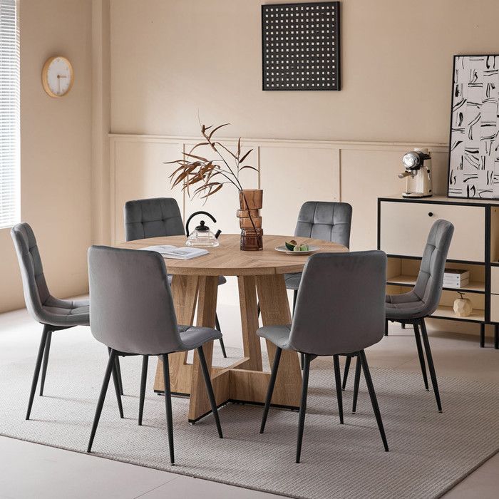 Table et chaises - 6 chaises(gris) - Table ronde bois clair(L120cm) -Table à manger Scandinave -Table de cuisine -Chaises en velours
