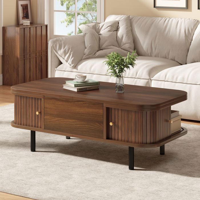 Table basse relevable 101 x 51 x 52 5 cm effet noyer 2-en-1 avec 2 portes coulissantes et rangements MDF 4 pieds arrondis