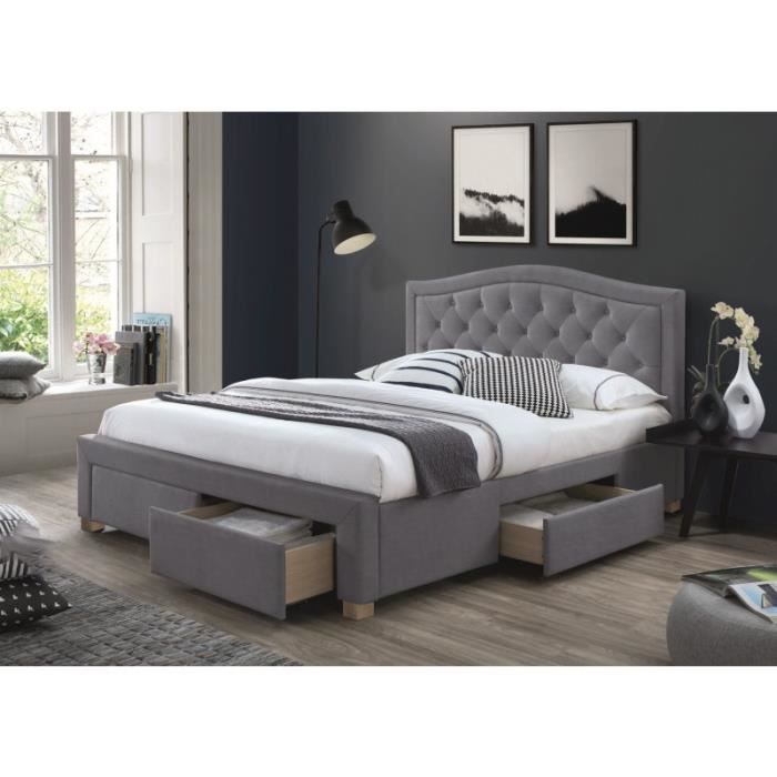 lits - lit double en velours avec tête de lit capitonné + 4 tiroirs - 160 x 200 cm - sommier inclu - gris