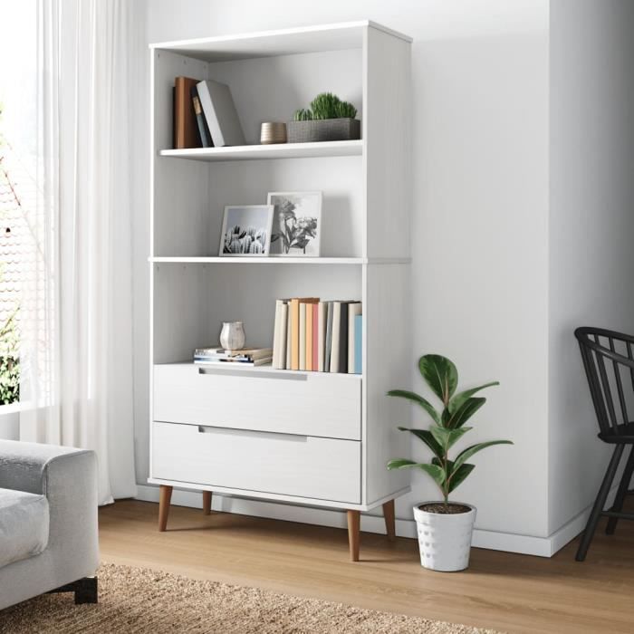 Bibliothèque - ALOMEJOR - LeDivil - Bois massif de pin - Blanc - 3 étagères - 85x35x170 5 cm