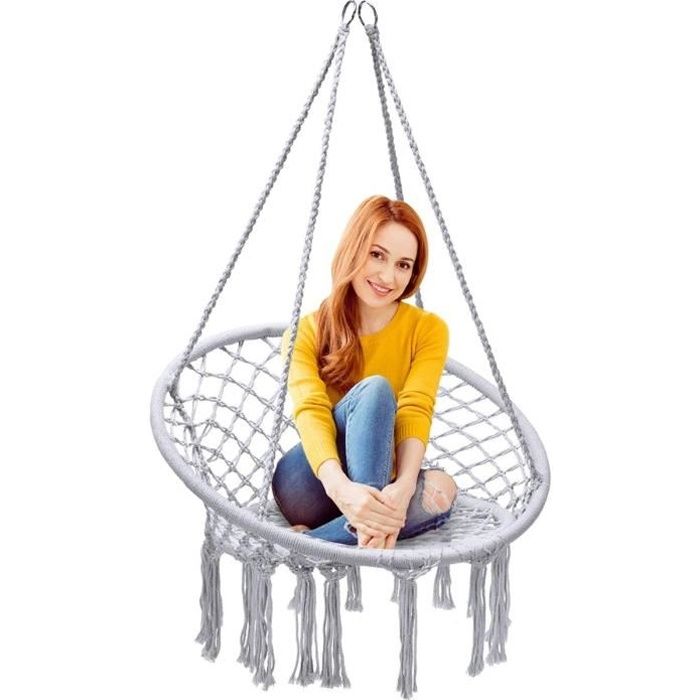 Chaise hamac en corde tricotée à la main avec coussin et kit de suspension,  beige - Yardlab™