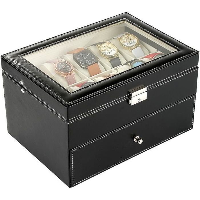 Boîte Rangement Montres 10 Emplacements - Coffret Cuir PU Avec Couvercle Transparent | Noir