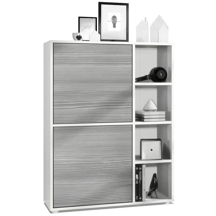 Buffet Haut Canto Blanc - 2 Portes, 8 Compartiments - Design Moderne Avec Panneau Béton Oxyde - 95x151.5x36 Cm - 3