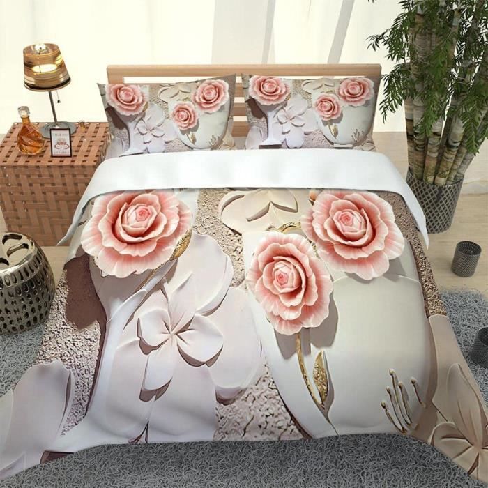 Housse de couette 140x200cm Rose Rose -Beige Avec deux taies d'oreiller