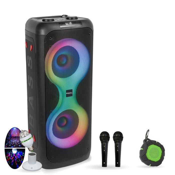 ENCEINTE SONO 600W KARAOKE PORTABLE + PIED + 2 MICROS FIL et SANS FIL + BLUETOOTH USB SD