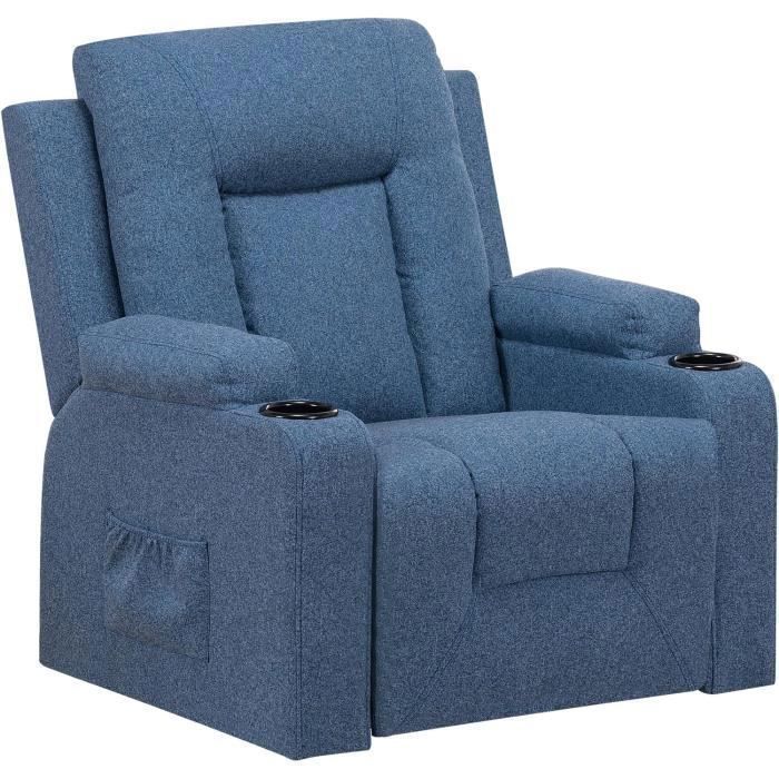 Fauteuil Relaxation en Tissu avec Fonction Inclinable Recliner Chair 2 Poches Latérales et Porte-Tasse Bleu