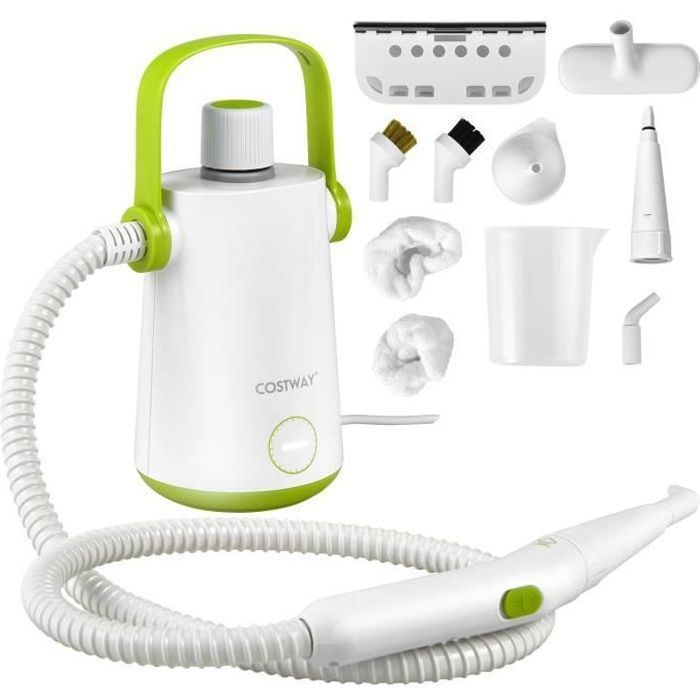 Nettoyeur à Vapeur à Main Portable 1000W COSTWAY Punaises de Lit-Réservoir 300ml 10 Accessoires Température à 95°C 3 Bar Blanc+Vert