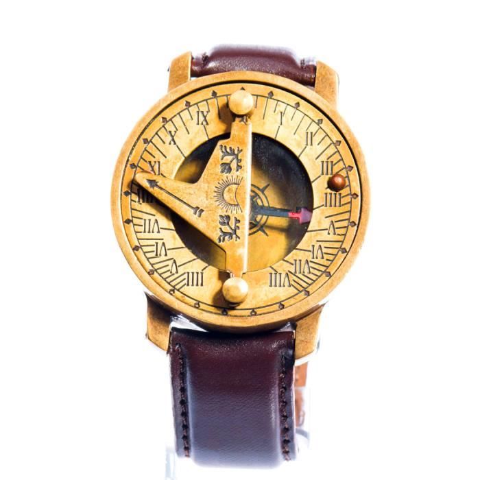 Montre boussole bracelet en cuir marron à cadran solaire doré vintage  steampunk aille unique - Cdiscount Bijouterie