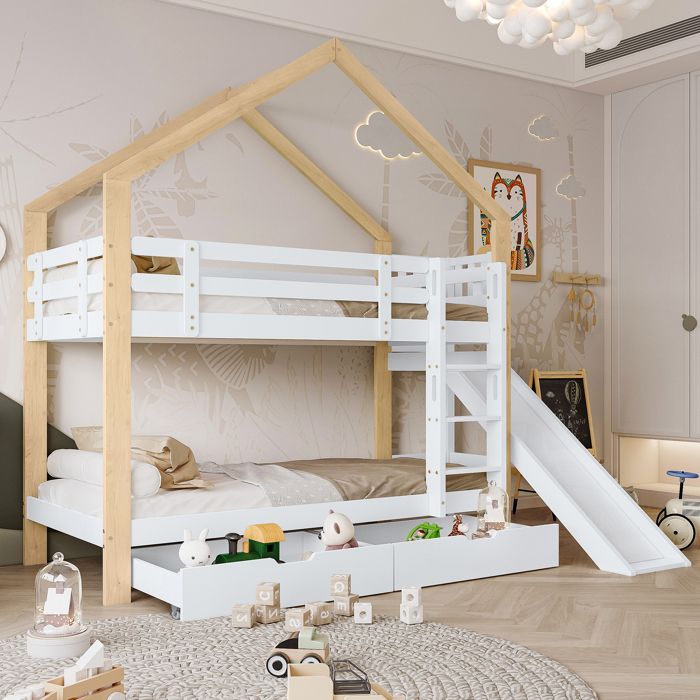 Lit superposé cabane enfant 90x200 cm en pin massif blanc/naturel avec tiroirs échelle et toboggan Lit superposé cabane enfant 90x200 cm en pin massif blanc/naturel avec tiroirs échelle et toboggan
