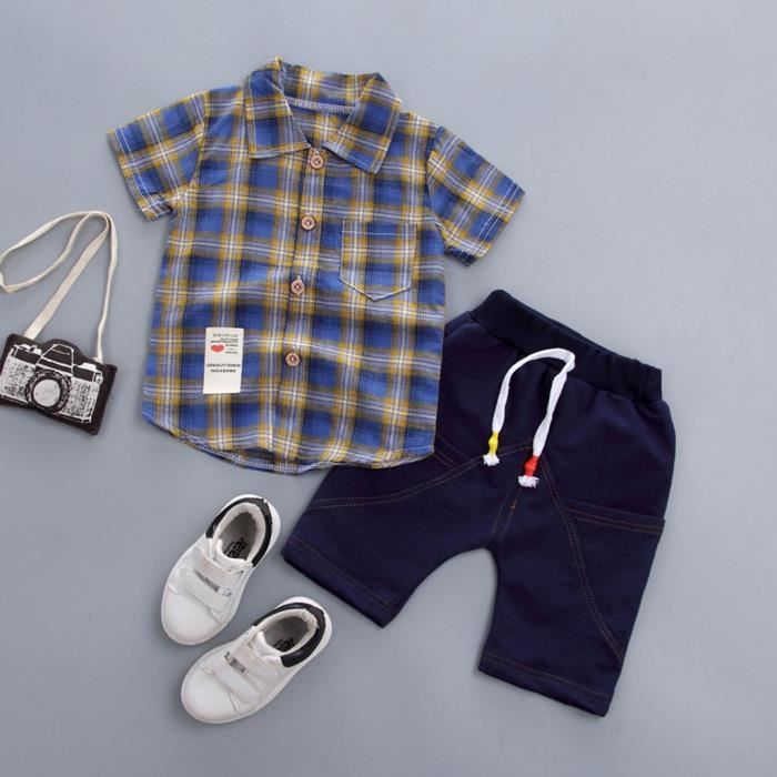 Enfant En Bas Age Bebe Garcon Gentleman Chemise A Manches Courtes A Carreaux Short En Jean Ensembles Vetements Bleu Bleu Cdiscount Pret A Porter