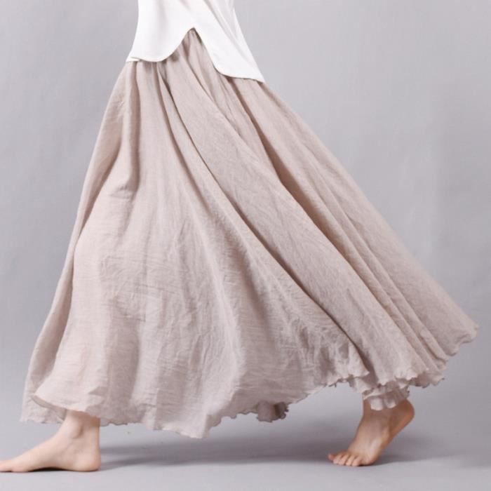 Jupe 2020 femmes lin coton jupes longues taille elastique plisse Maxi jupes plage Boho Vintage ete jupes Faldas Saia Type Beige