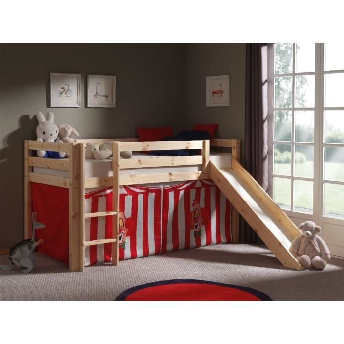 Lit enfant mezzanine toboggan nature Chucky - PINO - Bois massif - 180x200 cm - Gris
