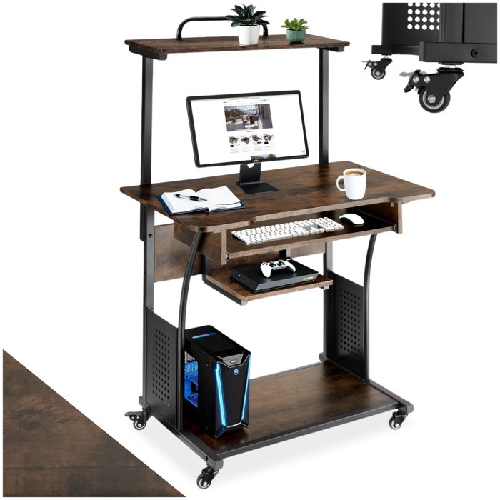 Bureau - TECTAKE - Table de bureau FIFE avec 4 roues pivotantes tablette et tiroir 80 x 655 x 1305 cm - Bois foncé