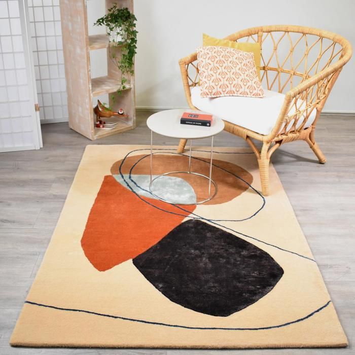tapis salon 160x230 fait main en laine beige et orange rectangle motif géométrique