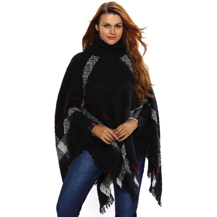Poncho Cape Femme Col Roule Hiver a Franges Casual Pull Laine en Tricot