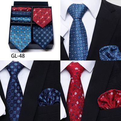 Black Tie AYNKH 4PCS Set De Serviettes Poche Homme, Cravate à Motifs,Comprenant Bouton De Manchette Homme