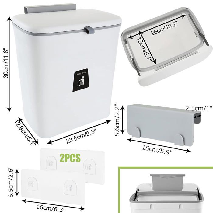 Poubelle Cuisine 9L à Suspendre Avec Couvercle - Gris - Fixation Mur Ou Porte AKOLAFE