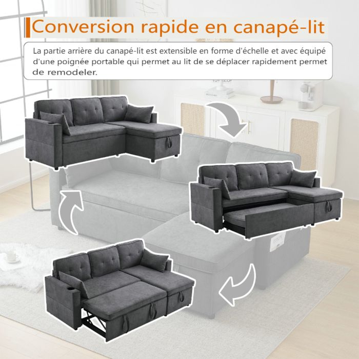 Canapé D'Angle 3-4 Places En Velours Côtelé Beige - Avec Repose-Pieds, Chargeur USB Et Rangement - 213x139cm - 4