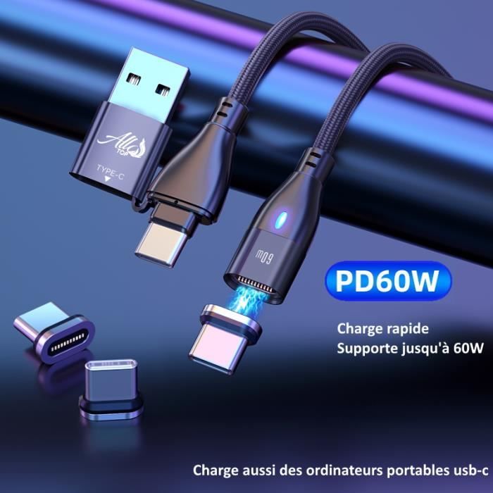 Câble Magnétique USB-C 2 M - Rotation 360°, LED, Nylon Tressé - Charge Rapide, Facile à Brancher, Rouge