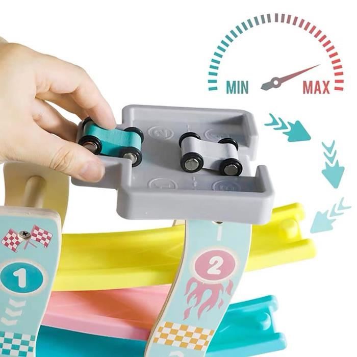 Circuit Voiture En Bois Pour Enfants - Rampe De Course Avec 4 Voitures Et 3 Boules De Bowling - Jeu Éducatif 1-3 Ans