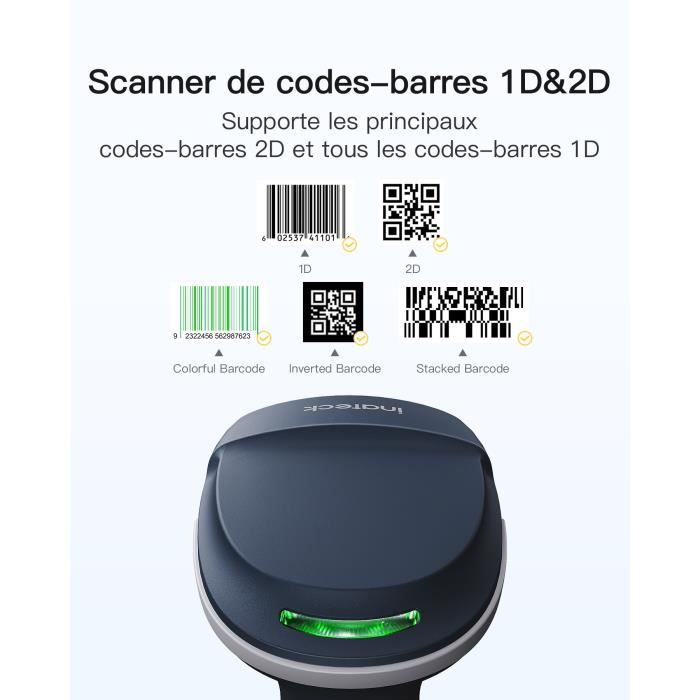 Inateck Scanner de CodeBarres 2D 1D sans Fil, Bluetooth 5.0, Lecteur