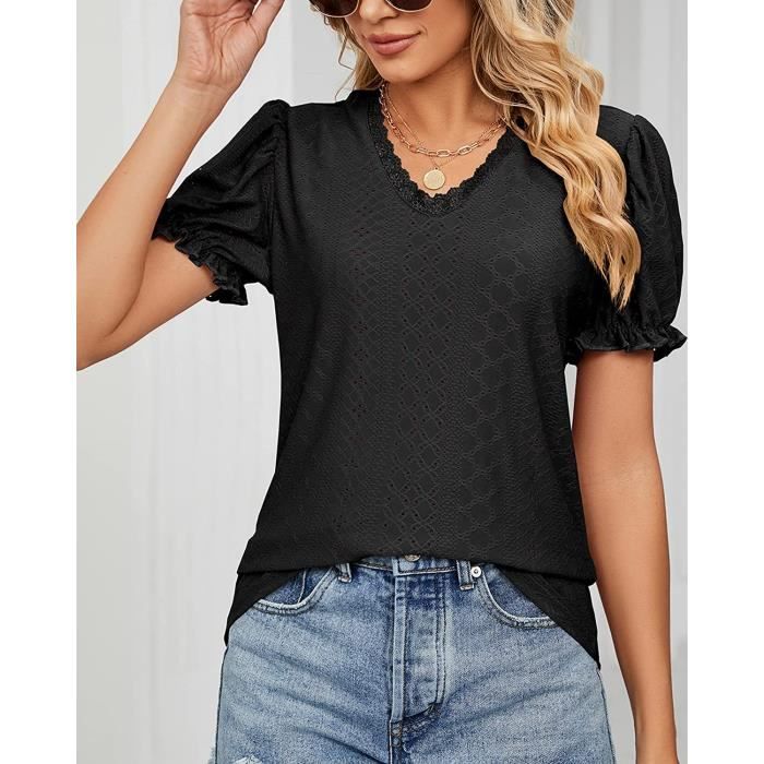 T-shirt Femme Col V Manches Pétales - 65% Polyester 30% Rayon - Basic été Décontracté