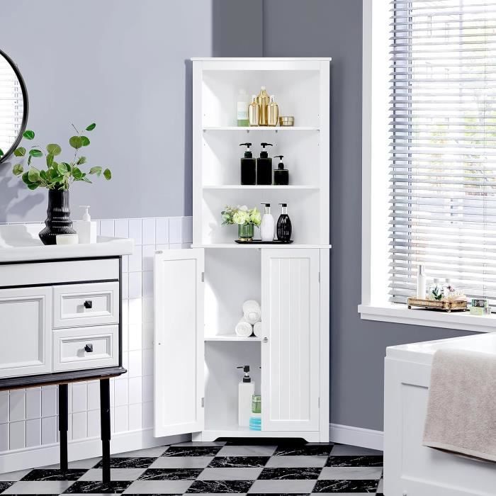 Meuble D'angle Rangement Yaheetech Blanc - Armoire Salle De Bain Avec étagères Réglables 60x31,5x163 Cm