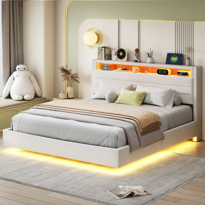 Lit double 160x200 cm - RWUDV - Lit coffre hydraulique - Tissu beige - USB intégré - 250 kg - Maison