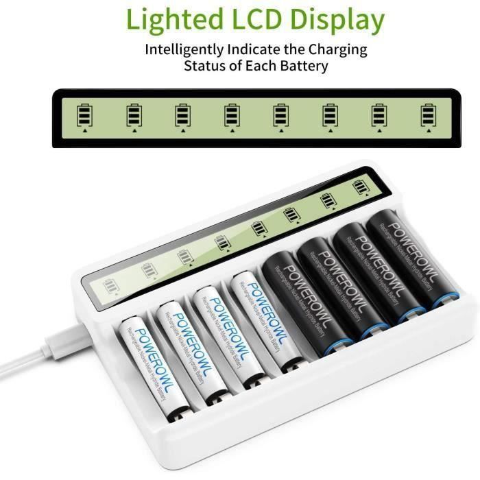 Chargeur de batterie USB à affichage LCD avec 8 piles pour Pile