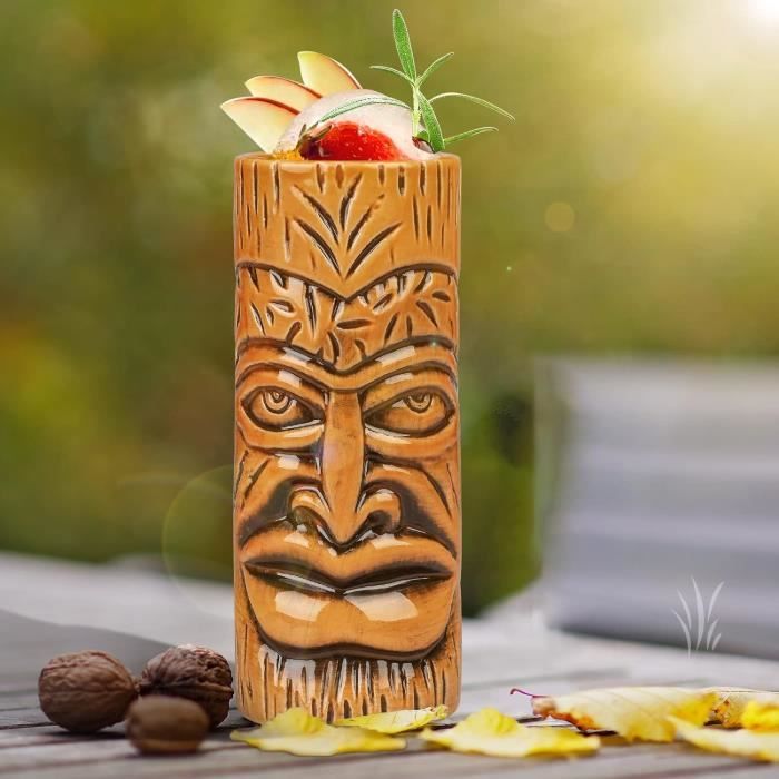Céramique Artisanale Tasses Cocktail Tiki Céramique - Lot De 2 Sous-verres - 450 Ml - Style Hawaïen Fête Verres Cocktail Tiki Céramique 450ml Lot 2 Sous-verres Pailles