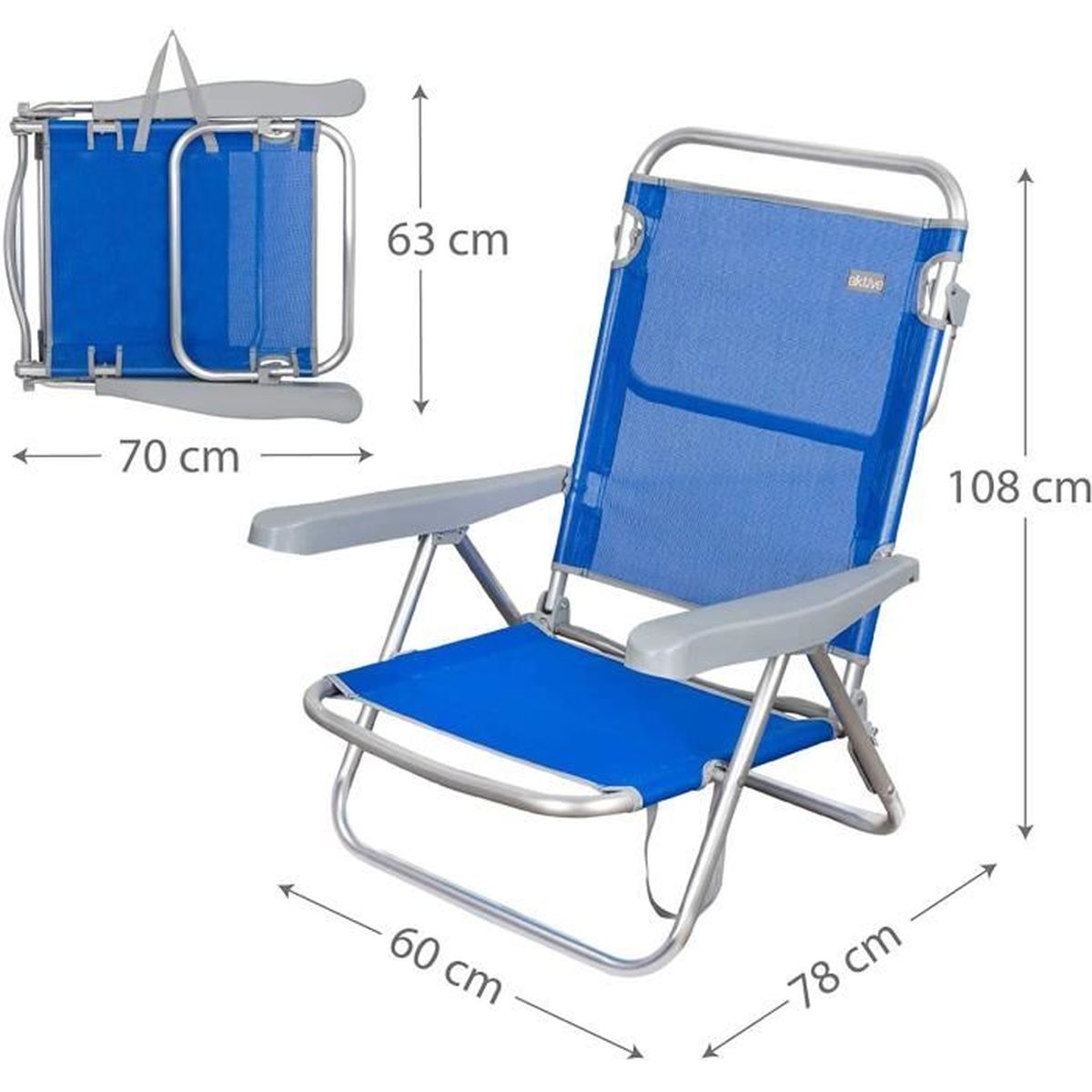 AREMAR Chaise basse pliable EVY aluminium 108 x 60 x 78 cm 5 positions et 4 couleurs bleu 